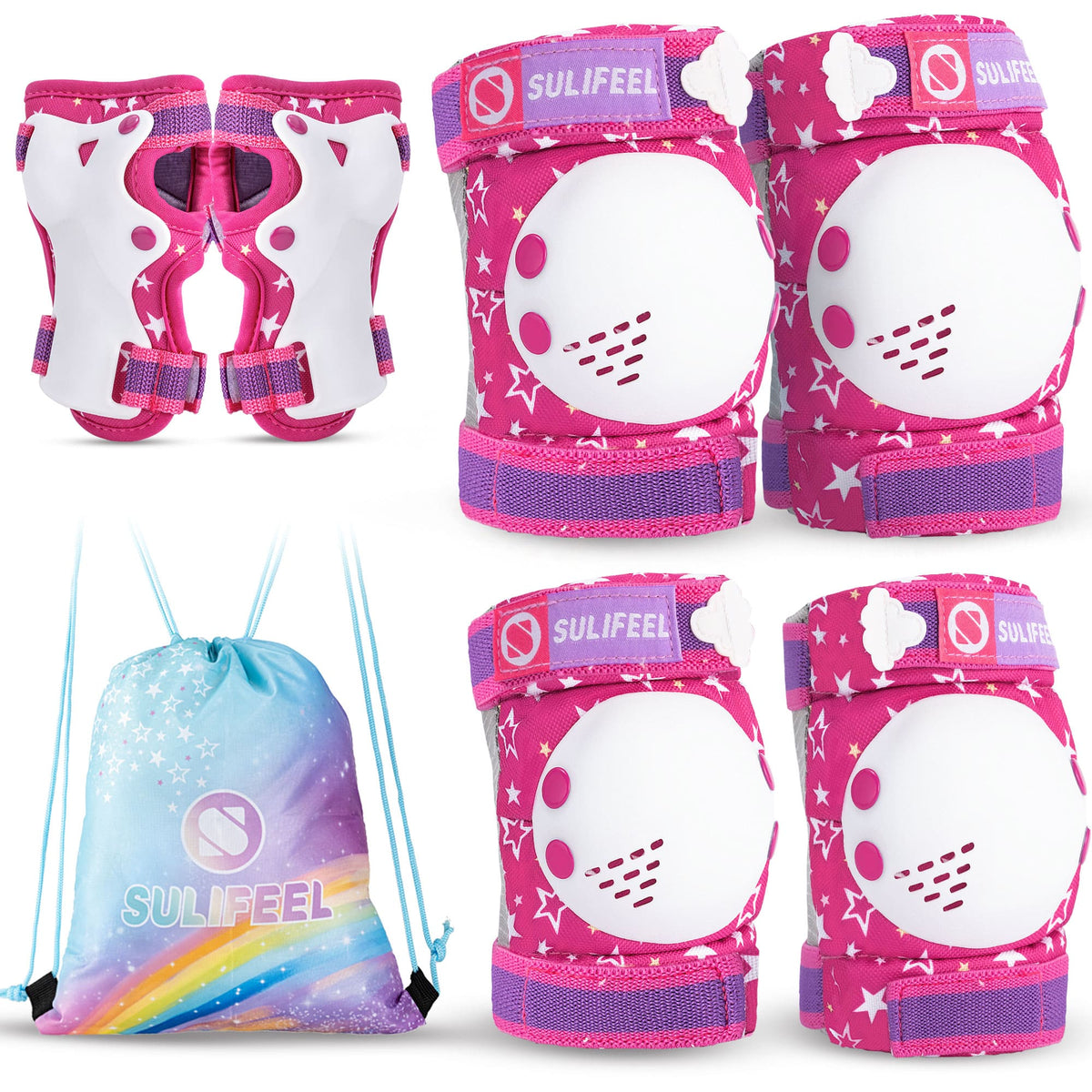 SULIFEEL Rainbow Knee Pads for Kids, Wrist Guards Knee and Elbow Pads Set