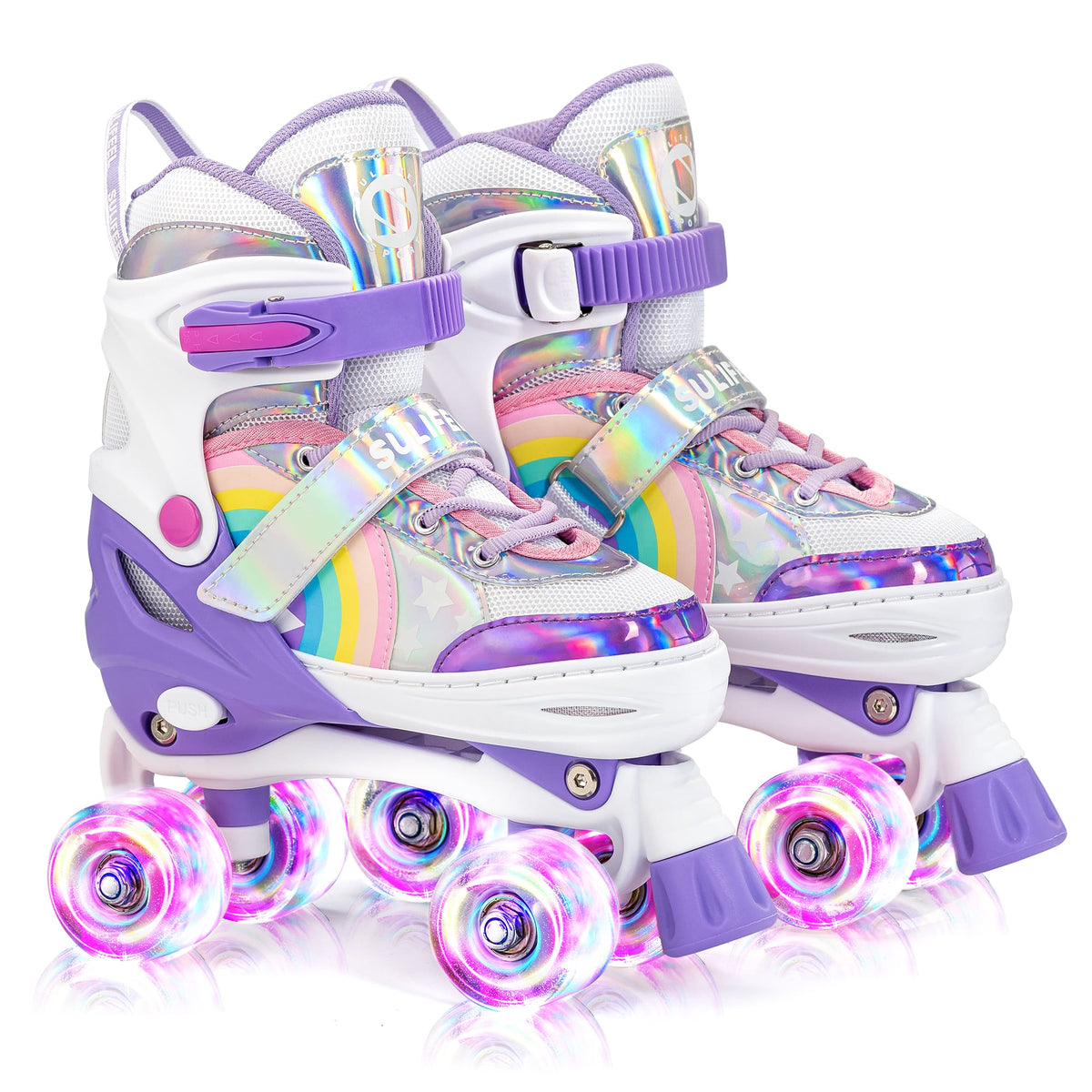 SULIFEEL Rainbow LED Light Up Roller Skates - Adjustable Kids Skates with Self-Powered Wheels