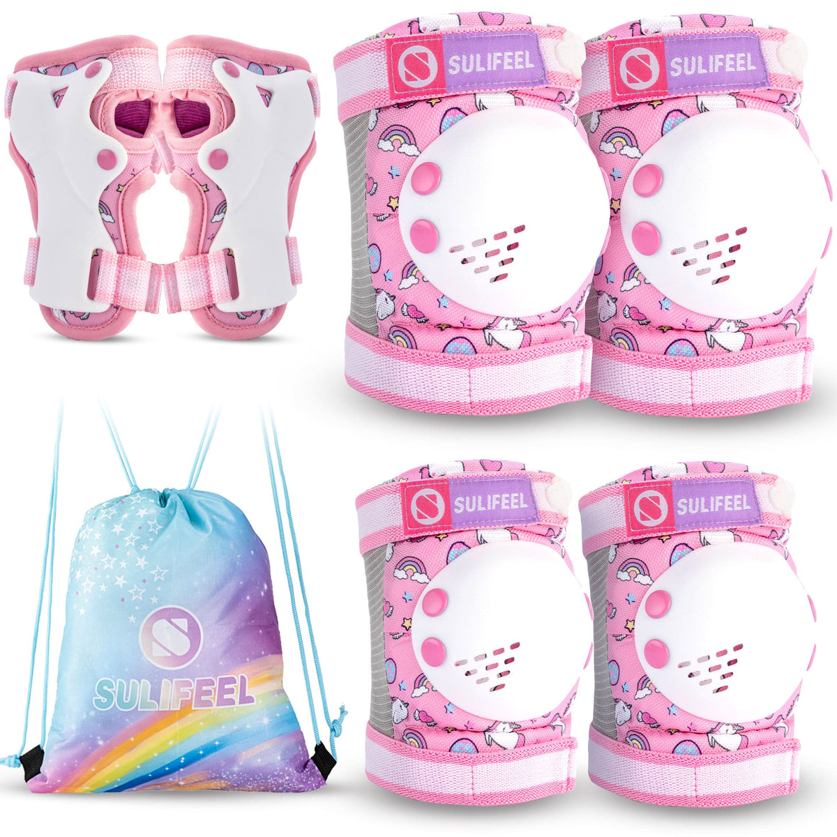 SULIFEEL Rainbow Knee Pads for Kids, Wrist Guards Knee and Elbow Pads Set