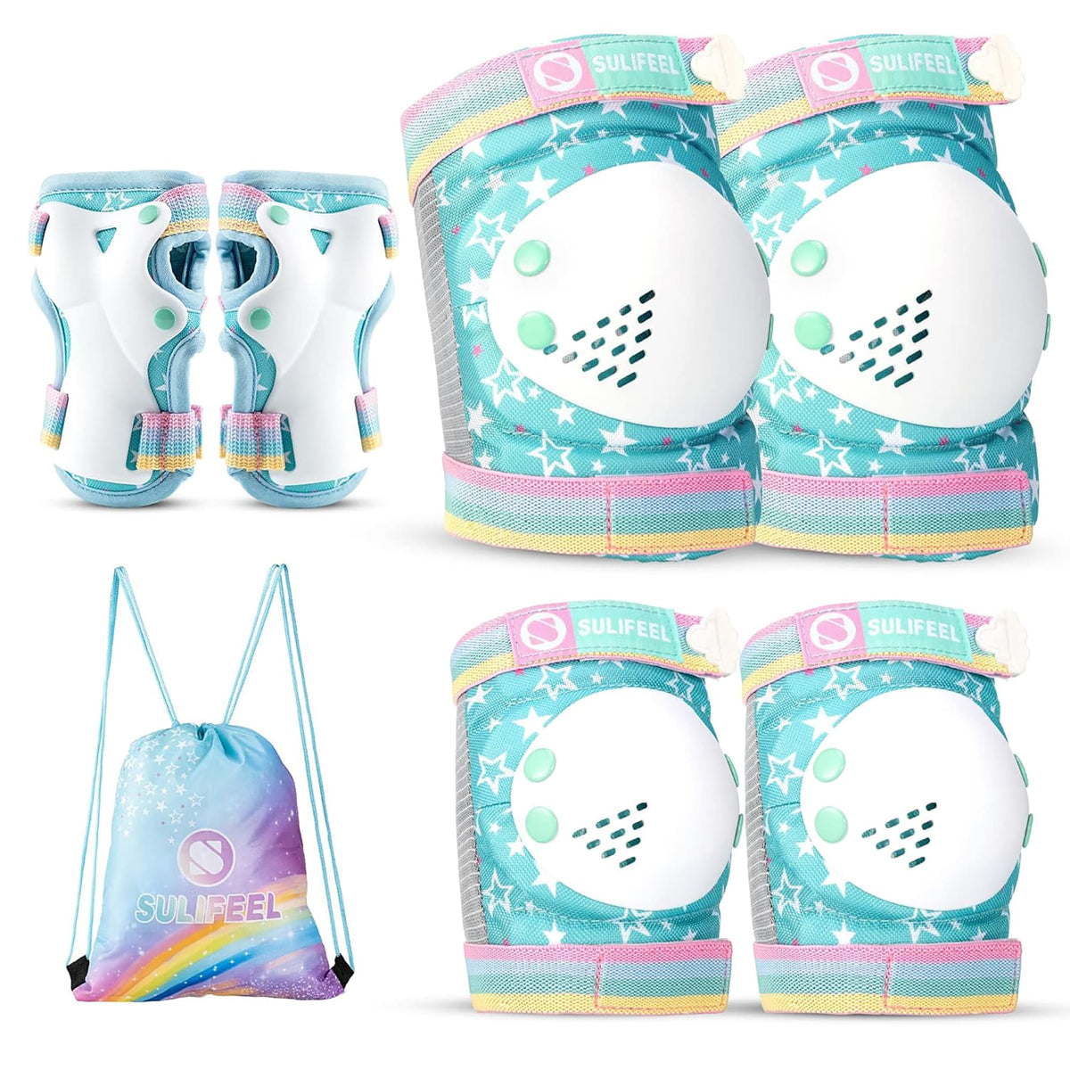 SULIFEEL Rainbow Knee Pads for Kids, Wrist Guards Knee and Elbow Pads Set