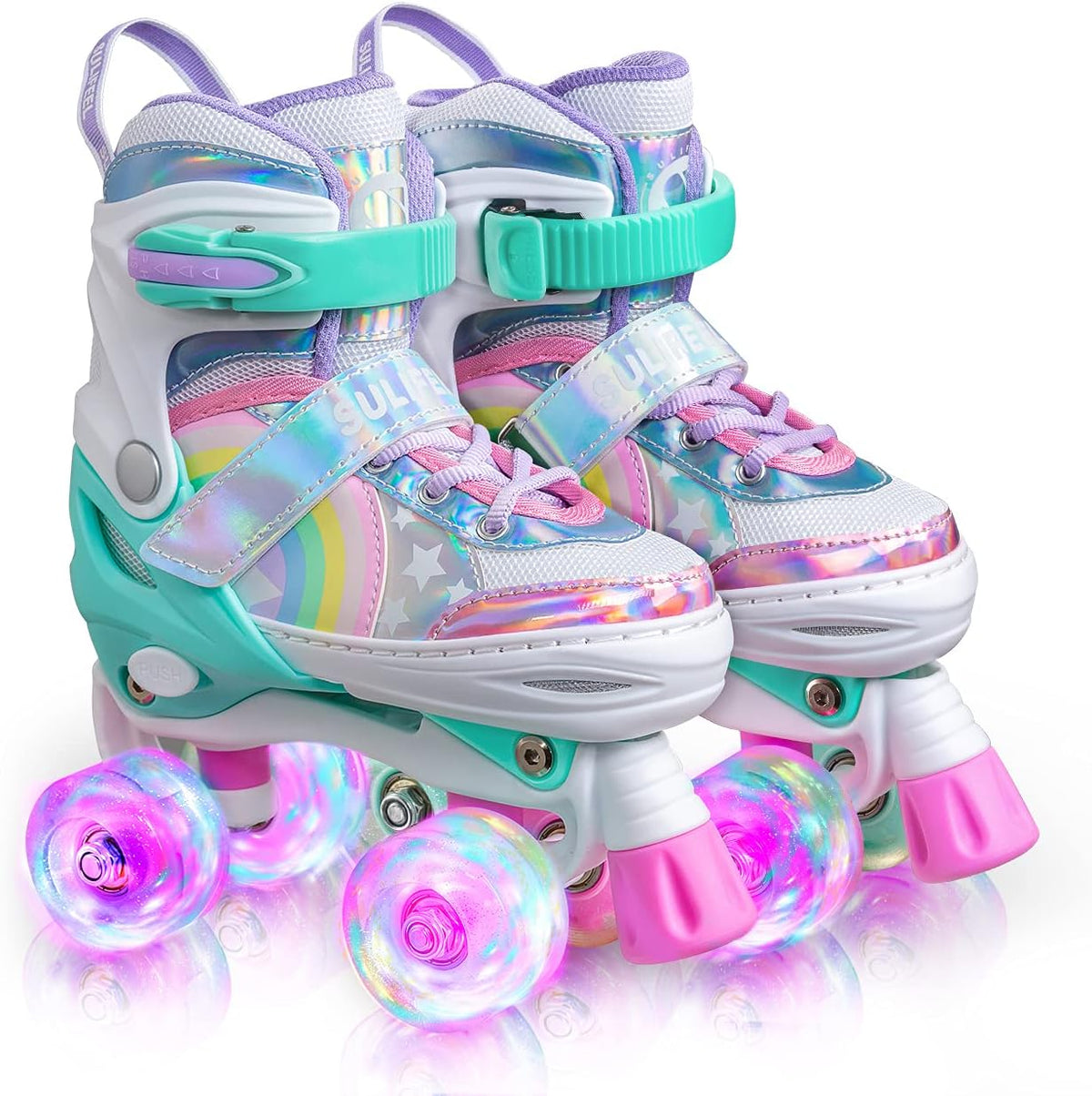 SULIFEEL Rainbow LED Light Up Roller Skates for Kids- Adjustable Kids Skates with Self-Powered Wheels (SF9001)