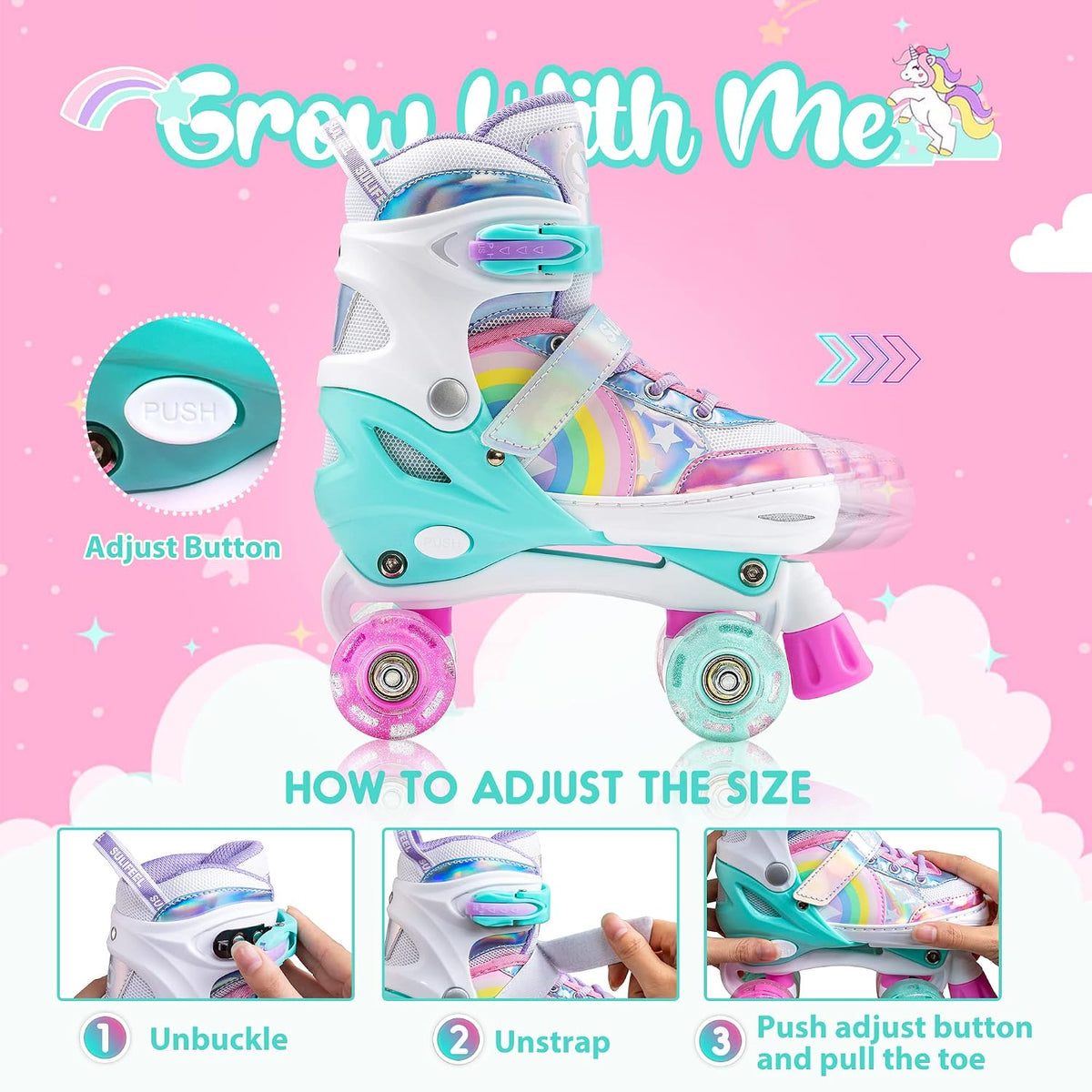 SULIFEEL Rainbow LED Light Up Roller Skates for Kids- Adjustable Kids Skates with Self-Powered Wheels (SF9001)