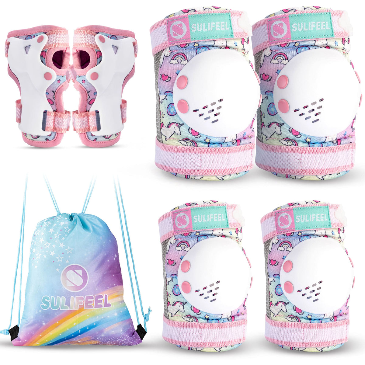 SULIFEEL Rainbow Knee Pads for Kids, Wrist Guards Knee and Elbow Pads Set